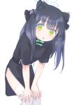  1girl animal_ear_fluff animal_ears bangs black_dress black_hair blue_archive blunt_bangs china_dress chinese_clothes dress green_eyes hands_on_own_thighs highres kyuuri_(miyako) leaning_forward long_hair looking_at_viewer open_mouth short_sleeves shun_(blue_archive) simple_background solo thigh-highs thighs tiger_ears tiger_girl two_side_up white_background white_legwear 