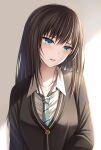  1girl bangs blue_eyes blush brown_hair cardigan collared_shirt eyebrows_visible_through_hair green_necktie grey_cardigan hair_between_eyes highres idolmaster idolmaster_cinderella_girls jewelry kanpyou_(hghgkenfany) long_hair necklace necktie open_mouth school_uniform shibuya_rin shirt solo straight_hair striped_necktie upper_body white_shirt wing_collar 