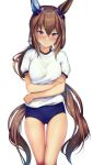  1girl admire_vega_(umamusume) animal_ears ass_visible_through_thighs bangs blue_buruma blush breasts brown_hair buruma closed_mouth commission feet_out_of_frame frown gym_uniform hair_between_eyes highres horse_ears horse_girl horse_tail long_hair looking_at_viewer low_ponytail medium_breasts pink_eyes shirt short_sleeves simple_background skeb_commission solo standing tail thighs tks_(526tks) umamusume very_long_hair white_background white_shirt 