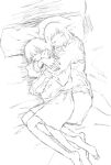  2girls bangs barefoot bed blunt_bangs blush closed_eyes closed_mouth fingernails greyscale highres hug hug_from_behind izumi_1001 lying medium_hair monochrome multiple_girls on_side original pillow sketch skirt sleeping spooning 