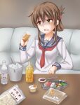  1girl alcohol anchor_symbol anti_(untea9) bottle breasts brown_hair chopsticks couch cup disgust drinking_glass eating eyebrows_visible_through_hair folded_ponytail food hair_ornament hair_ribbon hairclip highres holding holding_cup ice inazuma_(kancolle) kantai_collection long_hair long_sleeves makizushi neckerchief pincers plate pudding ribbon rice salmon school_uniform serafuku shaded_face shirt sitting small_breasts soda_bottle solo soy_sauce sushi table white_shirt 