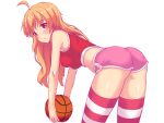  1girl ass ball bangs basketball blonde_hair breasts eyebrows_visible_through_hair highres holding holding_ball large_breasts long_hair looking_at_viewer nottytiffy original red_eyes self-portrait short_shorts shorts slit_pupils solo striped striped_legwear tank_top thigh-highs tiffy_(nottytiffy) 