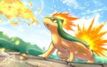  :o blurry breathing_fire clouds commentary_request day fire from_below kaosu_(kaosu0905) no_humans open_mouth outdoors pokemon pokemon_(creature) quilava red_eyes signature sky solo tongue 