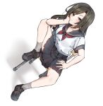  1girl aa211108 black_hair black_skirt blush commentary dutch_angle eyebrows_visible_through_hair full_body hand_on_own_cheek hand_on_own_face head_rest idolmaster idolmaster_cinderella_girls leg_up loafers long_hair looking_at_viewer mukai_takumi neckerchief on_chair red_neckerchief school_uniform serafuku shoes short_sleeves simple_background sitting skirt solo straight_hair v-shaped_eyebrows white_background 