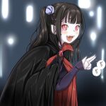  1boy 1girl bangs black_hair brooch cape dress fangs fingernails happy high_collar jewelry one_side_up original own_hands_together pointy_ears purple_dress red_eyes slit_pupils smile solo speech_bubble tongue translation_request v vampire yozora 