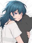  1girl absurdres bangs banned_artist bare_shoulders bed_sheet blue_eyes blue_hair bra byleth_(fire_emblem) byleth_eisner_(female) commentary_request fire_emblem fire_emblem:_three_houses highres holding holding_stuffed_toy long_hair looking_at_viewer object_hug off-shoulder_shirt off_shoulder one_eye_closed parted_lips see-through shimizu_akina shirt short_sleeves solo stuffed_toy underwear upper_body white_shirt 
