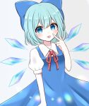  1girl :p absurdres blue_bow blue_dress blue_eyes blue_hair bow cirno collared_shirt detached_wings dress flat_chest hair_bow highres ice ice_wings neck_ribbon pinafore_dress piyoru_nico puffy_short_sleeves puffy_sleeves red_ribbon ribbon shirt short_hair short_sleeves simple_background solo tongue tongue_out touhou v white_background white_shirt wings 