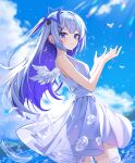  1girl amane_kanata angel angel_wings bare_arms blue_hair blue_sky clouds commentary_request cowboy_shot day dress feathered_wings highres hololive kaku_(walletbreaker) long_hair mini_wings outdoors see-through_silhouette short_hair sky sleeveless sleeveless_dress smile spaghetti_strap sundress violet_eyes virtual_youtuber water white_dress white_wings wings 