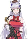  1girl absurdres animal_ears armband artist_name assault_rifle bangs bow bowtie breasts buttons coat cosplay double-breasted english_commentary facial_tattoo fake_animal_ears gar32 girls_frontline gloves gold_ship_(umamusume) gold_ship_(umamusume)_(cosplay) green_eyes grey_hair gun h&amp;k_hk416 headset highres hk416_(girls&#039;_frontline) holding holding_gun holding_weapon horse_ears large_breasts long_hair looking_at_viewer open_mouth red_bow red_bowtie red_coat rifle simple_background sleeveless_coat solo tattoo teardrop_tattoo tongue tongue_out umamusume upper_body weapon white_background white_gloves 