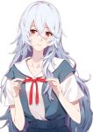  1girl ayanami_rei bangs blush closed_mouth collarbone evangelion:_3.0+1.0_thrice_upon_a_time hair_between_eyes highres ibaraki_shun long_hair looking_at_viewer neck_ribbon neon_genesis_evangelion rebuild_of_evangelion red_eyes red_ribbon ribbon school_uniform shirt short_sleeves silver_hair simple_background smile solo straight_hair upper_body very_long_hair white_background white_shirt 