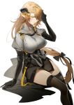  1girl arknights black_bow black_gloves black_legwear black_skirt bow breasts brown_hair commentary elbow_gloves feet_out_of_frame gloves grey_sweater hair_bow hand_up highres horns indai_(3330425) large_breasts long_hair low-tied_long_hair meteorite_(arknights) miniskirt pencil_skirt pointy_ears puffy_sleeves simple_background sitting skirt solo sweater thigh-highs thighs turtleneck turtleneck_sweater very_long_hair white_background yellow_eyes zettai_ryouiki 