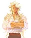  1boy absurdres bangs blonde_hair blue_eyes closed_mouth cookie_run crossed_arms dark-skinned_male dark_skin highres humanization korean_commentary long_hair long_sleeves madeleine_cookie male_focus qkqdlwkddlek scar scar_on_arm shirt simple_background sketch sleeves_rolled_up solo straight-on upper_body v-neck very_long_hair white_background white_shirt 
