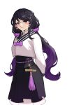  1girl arms_behind_back black_hair black_survival charon_(duddnd2361) eternal_return:_black_survival gradient_hair highres hyejin_(black_survival) korean_clothes long_hair looking_at_viewer multicolored_hair purple_hair simple_background twintails violet_eyes white_background 