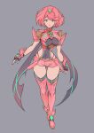  1girl absurdres bangs black_gloves breasts chest_jewel earrings fingerless_gloves gem gloves headpiece highres jewelry large_breasts pyra_(xenoblade) red_eyes red_legwear red_shorts redhead short_hair short_shorts shorts solo swept_bangs thigh-highs tiara ug333333 xenoblade_chronicles_(series) xenoblade_chronicles_2 