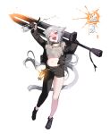  1girl ;d absurdres animal_ears arms_up asymmetrical_clothes black_footwear black_jacket black_pants bottle breasts cat_ears cat_girl cat_tail collar crop_top crop_top_overhang full_body fur_trim grey_hair grey_shirt highres holding holding_sword holding_weapon huge_weapon jacket long_hair long_sleeves looking_at_viewer medium_breasts midriff navel one_eye_closed open_clothes open_jacket open_mouth original pants red_eyes shirt shisantian shoes single_pantsleg smile solo spray_bottle standing stomach sword tail thighs very_long_hair weapon 