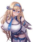  1girl absurdres arknights blonde_hair blue_eyes braid braided_bangs breasts hairband highres horns huge_breasts long_hair pointy_ears saileach_(arknights) simple_background solo very_long_hair white_background yuuki_shuri 