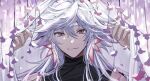  1boy ahoge bangs closed_mouth collarbone earrings fate/apocrypha fate/grand_order fate_(series) flower hair_between_eyes hair_ornament hands_up highres jewelry long_hair long_sleeves looking_at_viewer male_focus merlin_(fate) petals pink_flower smile solo upper_body very_long_hair violet_eyes white_hair yui_(linaw-key08) 