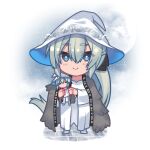 1girl akio_(akio1124) braid cape chibi cloak cosplay doll dress elden_ring fate/grand_order fate_(series) fur_cape fur_cloak hat hat_ornament light_blue_eyes looking_at_viewer morgan_le_fay_(fate) platinum_blonde_hair ranni_the_witch ranni_the_witch_(cosplay) robe smile witch_hat 