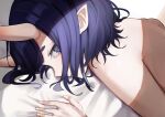  1girl bangs bob_cut fate/grand_order fate_(series) horns looking_at_viewer lying on_stomach oni oni_horns pointy_ears purple_hair san_(harutuki_3) short_eyebrows short_hair shuten_douji_(fate) skin-covered_horns solo topless violet_eyes 