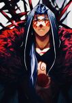  1boy blue_hair cape closed_mouth cu_chulainn_(fate) cu_chulainn_alter_(fate) dark_blue_hair dark_persona earrings facepaint fate/grand_order fate_(series) fur-trimmed_cape fur_trim hood hood_up jewelry long_hair looking_at_viewer male_focus ponytail red_eyes solo spikes spiky_hair topless_male wagaya43 