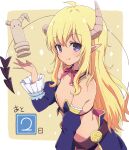  1girl :q bangs blonde_hair closed_mouth demon_girl demon_horns demon_tail detached_sleeves eyebrows_visible_through_hair flat_chest highres horns lilith_(machikado_mazoku) long_hair looking_at_viewer machikado_mazoku mel_(melty_pot) pointy_ears smile solo tail tongue tongue_out violet_eyes 