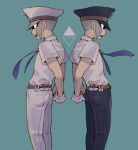  2boys ake_(limited_timeac) aqua_background arms_behind_back belt blue_necktie collared_shirt emmet_(pokemon) frown grey_eyes grey_hair hat ingo_(pokemon) looking_at_viewer male_focus multiple_boys necktie open_mouth pants peaked_cap poke_ball pokemon pokemon_(game) pokemon_bw shaded_face shirt short_sleeves siblings sideburns simple_background smile twins white_shirt 