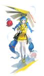  1girl absurdres artist_name bangs blue_hair boots braid closed_mouth dress fold-over_boots highres holding holding_umbrella octopus orange_eyes original raincoat smile solo soyoong_jun standing tentacles trench_coat twin_braids umbrella white_background 
