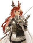  1girl absurdres animal_ears arknights armor brown_eyes commentary cowboy_shot ear_covers earclip extra_ears flametail_(arknights) gauntlets hand_up highres holding holding_sword holding_weapon long_hair looking_at_viewer pauldrons redhead shirt shoulder_armor simple_background solo squirrel_ears sword weapon white_background white_shirt xiaomai_yorik 