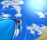  1boy blue_armor clenched_hand clouds commentary_request from_below helmet looking_down male_focus mega_man_(series) mega_man_x_(character) mega_man_x_(series) outdoors parco_1315 puddle sky solo sun 