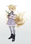  1girl absurdres aiv animal_ear_fluff animal_ears arknights bangs bare_shoulders black_footwear blonde_hair blue_hairband boots braid closed_mouth commentary_request dress eyebrows_visible_through_hair flower flower_pot fox_ears fox_girl fox_tail full_body gradient gradient_background green_eyes grey_background hair_rings hairband highres holding kitsune lily_of_the_valley looking_at_viewer pantyhose smile solo suzuran_(arknights) tail twin_braids white_background white_dress white_flower white_legwear 