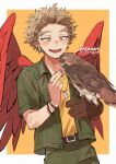  1boy bird blonde_hair boku_no_hero_academia border bracelet collared_shirt cowboy_shot dog_tags ear_piercing earphones earphones earrings facial_hair facial_mark falcon falconry_glove feathered_wings feeding gloves goatee green_pants green_shirt hawk hawks_(boku_no_hero_academia) jewelry kadeart light_blush looking_at_animal male_focus open_clothes open_mouth open_shirt outside_border pants piercing red_feathers red_wings ring shirt short_hair single_glove solo stubble stud_earrings teeth tongue twitter_username two-tone_background upper_teeth white_border wings yellow_background yellow_eyes yellow_shirt zookeeper 