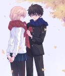 1boy 1girl adjusting_another&#039;s_clothes adjusting_scarf arcueid_brunestud autumn autumn_leaves black-framed_eyewear black_hair blonde_hair breasts commentary_request feet_out_of_frame gakuran glasses highres looking_at_another miniskirt muko_(4moiut) open_mouth own_hands_together pantyhose pleated_skirt red_eyes scarf school_uniform short_hair skirt smile sweater tohno_shiki tsukihime tsukihime_(remake) type-moon white_sweater