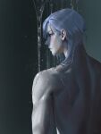  1boy bare_arms bare_back bare_shoulders blue_hair blush commentary genshin_impact hair_behind_ear highres kamisato_ayato looking_at_viewer looking_back m_alexa male_focus muscular muscular_male pointy_nose shadow signature solo upper_body violet_eyes wet 