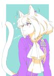  androgynous animal_ears blue_background border cat_boy cat_ears cat_tail earrings eyebrows_visible_through_hair green_hair jacket jewelry limited_palette lio_fotia male_focus promare purple_jacket short_hair sidelocks signature single_earring sparkle tail violet_eyes white_border yon_prmr 