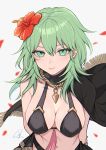  1girl absurdres arms_behind_back bangs banned_artist bare_shoulders bikini black_bikini black_cape breasts byleth_(fire_emblem) byleth_eisner_(female) cape commentary fire_emblem fire_emblem:_three_houses fire_emblem_heroes flower green_eyes green_hair hair_between_eyes hair_flower hair_ornament hibiscus highres large_breasts long_hair looking_at_viewer navel red_flower shimizu_akina smile solo stomach swimsuit symbol-only_commentary upper_body 