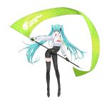 1girl abi_(user_nzav7333) absurdres bangs banner black_bodysuit black_footwear black_gloves blue_eyes blue_hair bodysuit boots closed_mouth covered_navel crop_top floating_hair full_body gloves green_gloves hair_between_eyes hatsune_miku highres holding jacket long_hair long_sleeves racing_miku racing_miku_(2022) shiny shiny_skin simple_background skindentation smile solo thigh-highs thigh_boots twintails two-tone_gloves very_long_hair vocaloid white_background white_jacket 
