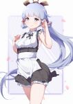  1girl absurdres alternate_costume apron aqua_eyes armpits bangs blunt_bangs commentary_request dianhua_dianhua_he enmaided eyebrows_visible_through_hair genshin_impact hair_ornament hair_ribbon highres kamisato_ayaka long_hair looking_at_viewer maid maid_apron ponytail ribbon sidelocks silver_hair simple_background smile solo tress_ribbon two-tone_background 