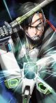  1boy absurdres apex_legends biwon_blade black_hair black_sclera colored_sclera crypto_(apex_legends) cyborg drone frown glowing glowing_eye green_eyes grey_jacket hack_(apex_legends) heterochromia highres holding holding_sword holding_weapon jacket male_focus mechanical_arms nemoto_yuuma official_alternate_costume science_fiction solo sword v-shaped_eyebrows weapon whitelisted_crypto 