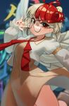  1girl bespectacled blonde_hair blurry blurry_background depth_of_field glasses head_wings highres juliet_sleeves long_sleeves looking_at_viewer multicolored_hair nail_polish necktie niwatari_kutaka puffy_sleeves red_eyes red_nails redhead solo touhou two-tone_hair zakozako_y 