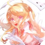  1girl ahoge akamatsu_kaede bangs breasts collared_shirt commentary_request danganronpa_(series) danganronpa_v3:_killing_harmony hair_ornament hand_up hands_up highres holding large_breasts long_hair looking_at_viewer musical_note_hair_ornament necktie open_mouth orange_necktie paper pink_eyes pink_vest remi_(remi_0702) shiny shiny_hair shirt solo upper_body vest white_shirt 