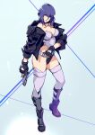  1girl bangs belt breasts closed_mouth fingerless_gloves full_body ghost_in_the_shell ghost_in_the_shell_stand_alone_complex gloves gun highleg holding holding_gun holding_weapon jacket kotatsu_(g-rough) kusanagi_motoko leotard looking_at_viewer medium_breasts open_clothes open_jacket purple_hair red_eyes short_hair smile solo standing thigh-highs weapon 