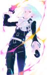  1boy androgynous belt black_belt black_gloves black_pants earrings fire from_below gloves green_hair jewelry lio_fotia looking_at_viewer male_focus pants promare short_hair sidelocks simple_background single_earring solo violet_eyes white_background yon_prmr 