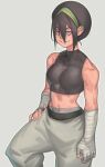  1girl absurdres avatar:_the_last_airbender avatar_(series) baggy_pants belt black_belt black_sports_bra blind blue_eyes breasts earclip grey_background grey_pants hair_between_eyes hair_bun hand_wraps highres kelvin_hiu medium_breasts midriff older pants short_hair sleeveless smile solo sports_bra toned toph_bei_fong 