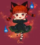  1girl :3 :d animal_ears blunt_tresses blush bow braid cat_ears character_name chibi dress extra_ears fire full_body green_dress hair_bow hitodama iris_anemone kaenbyou_rin long_sleeves looking_at_viewer open_mouth paw_pose pointy_ears red_background red_eyes redhead simple_background skull smile solo standing standing_on_one_leg touhou twin_braids 