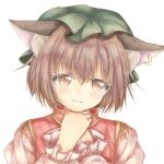 1girl animal_ears blush brown_eyes brown_hair cat_ears chen earrings fingernails green_headwear hat highres jewelry long_sleeves looking_at_viewer maple_mochi mob_cap multiple_tails short_hair single_earring solo tail touhou upper_body white_background 