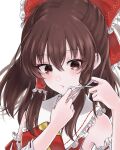  1girl absurdres bangs bow brown_eyes brown_hair closed_mouth detached_sleeves eyebrows_visible_through_hair frilled_bow frilled_hair_tubes frills hair_between_eyes hair_bow hair_ribbon hair_tubes hakurei_reimu highres long_hair long_sleeves neckerchief red_bow red_shirt ribbon ribbon-trimmed_sleeves ribbon_trim shirt sleeveless sleeveless_shirt solo tadenya_kodomo touhou tying_hair upper_body white_ribbon white_sleeves yellow_neckerchief 