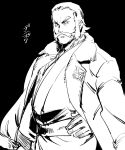  1boy beard black_background cowboy_shot facial_hair fur-trimmed_jacket fur_trim greyscale hand_on_hip jacket jacket_on_shoulders japanese_clothes kamado_(pokemon) kanji logo looking_at_viewer male_focus mature_male monochrome mustache pokemon pokemon_(game) pokemon_legends:_arceus sanwari_(aruji_yume) sash short_hair sideburns sketch solo thick_eyebrows 