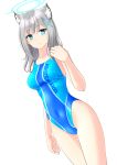  1girl absurdres animal_ear_fluff bangs blue_archive blue_eyes blue_swimsuit breasts clothes_writing collarbone commentary_request commission competition_swimsuit covered_navel cowboy_shot cross_hair_ornament fantia_commission grey_hair hair_ornament halo highres looking_at_viewer medium_breasts medium_hair mismatched_pupils multicolored_clothes multicolored_swimsuit one-piece_swimsuit shiroko_(blue_archive) simple_background solo standing swimsuit takafumi white_background 
