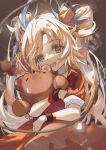  1girl :d absurdres arknights blue_eyes bow chino_(user_zdyd2447) dress hair_bow highres holding holding_stuffed_toy long_hair looking_at_viewer mole mole_under_eye object_hug open_mouth orange_dress orange_hair pinecone_(arknights) pinecone_(sing_a_song)_(arknights) red_bow short_sleeves smile solo stuffed_toy teeth twintails upper_body upper_teeth wristband 