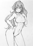  1girl bangs breasts closed_mouth commentary_request contrapposto covered_navel d-m_(dii_emu) greyscale hat iizunamaru_megumu long_hair looking_at_viewer medium_breasts monochrome one-piece_swimsuit smile swimsuit tengu tokin_hat touhou traditional_media v-shaped_eyebrows very_long_hair 